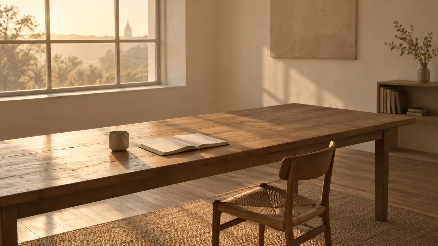 Una mesa y una silla de madera junto a una ventana, con la luz cálida de la tarde